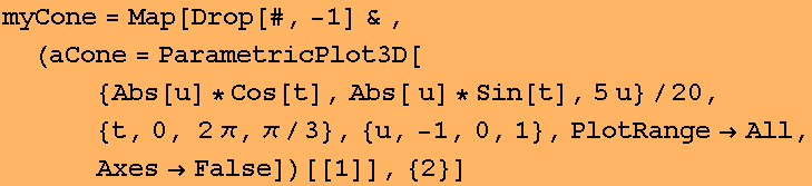 myCone = Map[Drop[#, -1] & ,  (aCone = ParametricPlot3D[{Abs[u] * Cos[t], Abs[ u]  ... 20, {t, 0, 2π, π/3}, {u, -1, 0, 1}, PlotRangeAll, AxesFalse])[[1]], {2}]