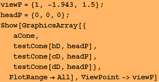 RowBox[{RowBox[{viewP, =, RowBox[{{, RowBox[{1, ,,  , RowBox[{-, 1.943}], ,,  , 1.5}], }}]}],  ... one[cD, headP], testCone[dD, headP]}, PlotRangeAll], ViewPoint->viewP] 
